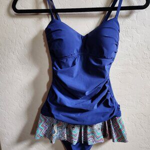 Profile Gottex Blue Body Multicolor Ruffle Hem Bandeau Ruche Size 6 Swimdress